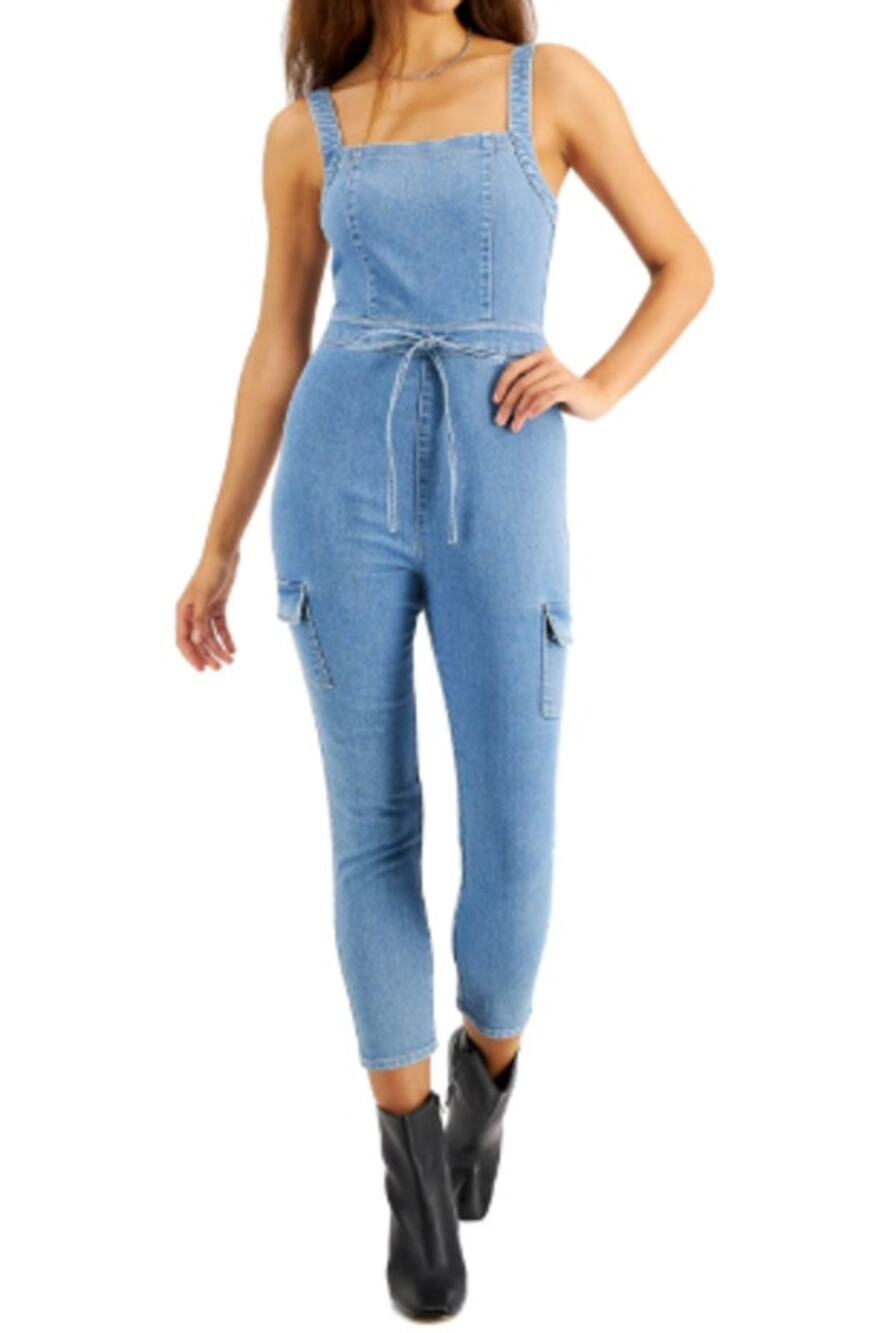 Tinseltown Juniors' Belted Denim Jumpsuit Light Wash Size S
